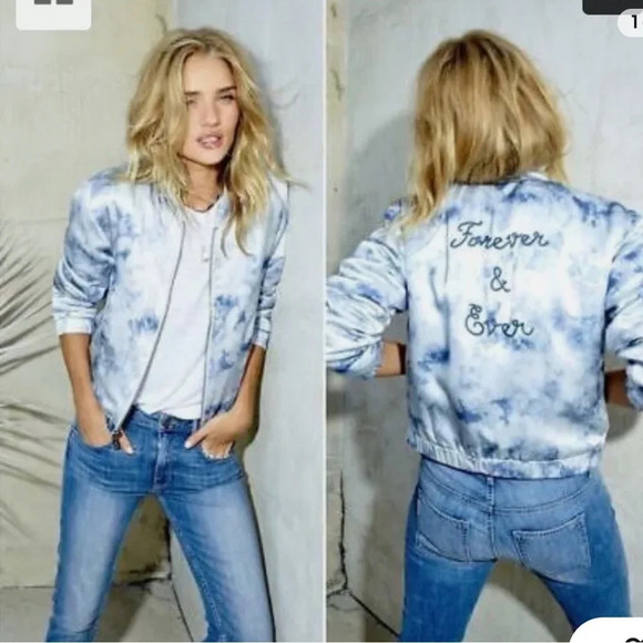 NEW Paige Rosie Huntington 100% SILK Ivory Blue Clouds Bomber Jacket L - Picture 1 of 9